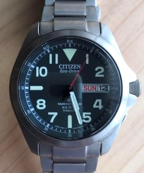 CITIZEN Eco-Drive Titanium Radio Controlled Solar Watch Day-Date Black Dial Used
