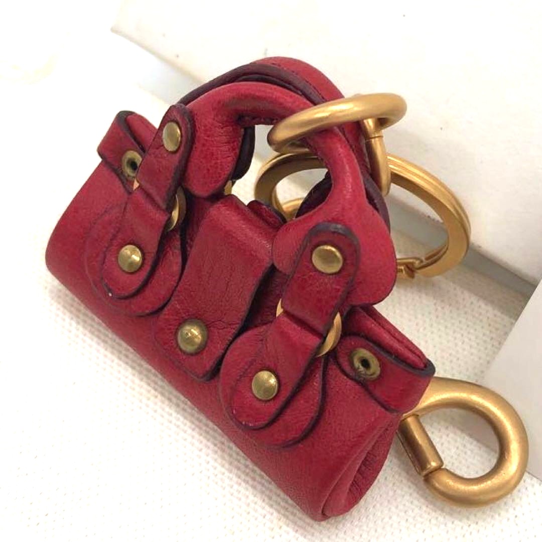 Chloe Paddington Bag Charm Key Ring Red Leather Gold HW Crystal Lock 2.2x2.2in