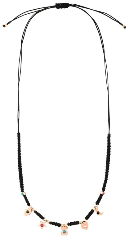 TOUS Super Power Charm Necklace Black Cord Rose Vermeil Silver Gemstone Spain