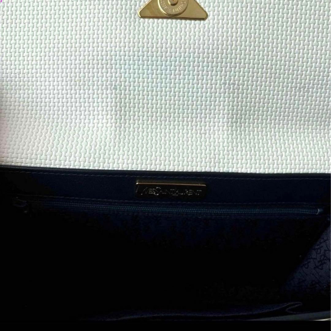 YSL Yves Saint Laurent Clutch Bag White Black Logo Plate Triangle Vintage