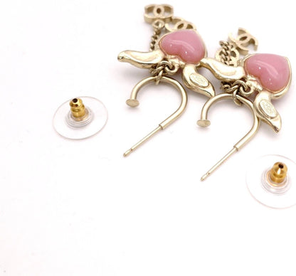 CHANEL CC Logo Heart Wing Hoop Earrings Gold Pink Resin Rhinestone Authentic