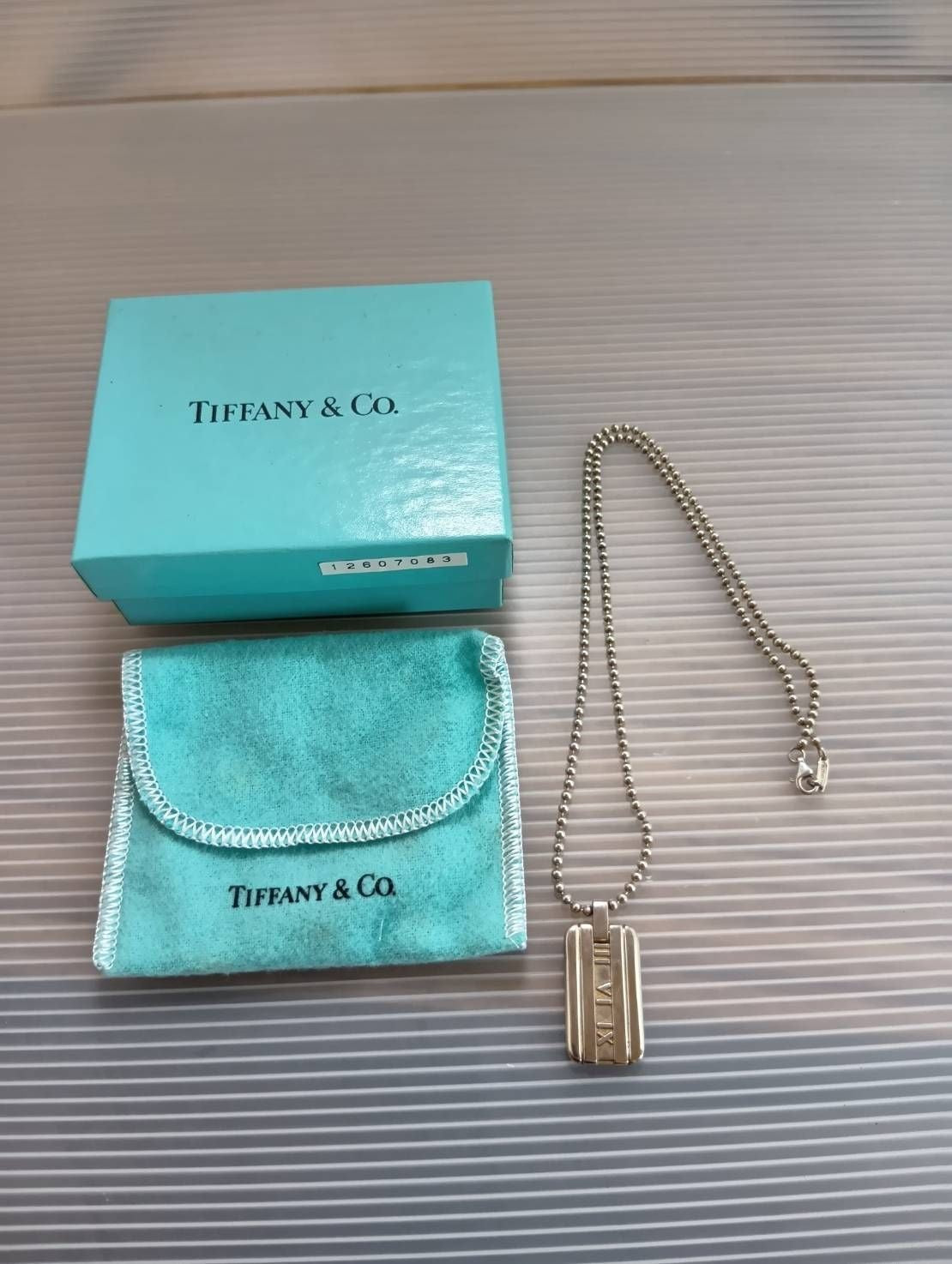 Tiffany & Co Atlas Dog Tag Pendant Necklace Silver 925 Ball Chain Authentic