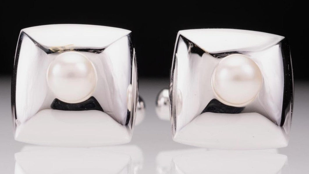 MIKIMOTO Pearl Cufflinks Silver Sterling Square Cushion 0.6in Authentic Japan