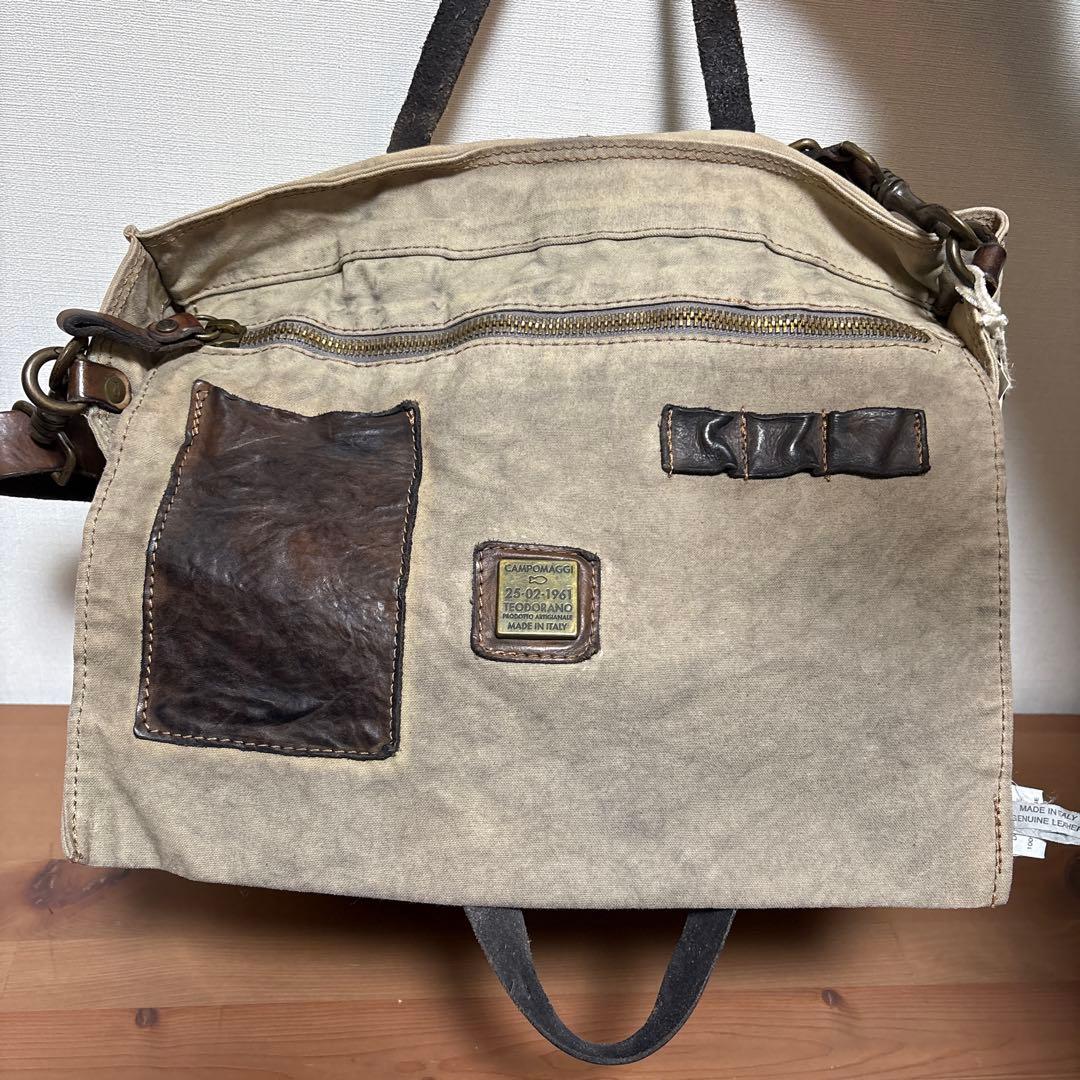 CAMPOMAGGI Canvas Leather Tote Bag Beige Studded Italy 2way Shoulder Vintage