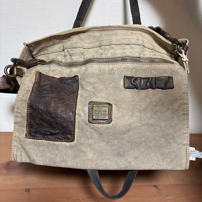 CAMPOMAGGI Canvas Leather Tote Bag Beige Studded Italy 2way Shoulder Vintage