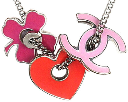 CHANEL CC Heart Clover Charm Necklace Pink Red Metal 04P Italy 44cm(17.3in)