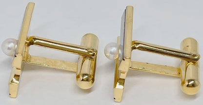 Mikimoto Pearl Island Tie Bar Clip & Cufflinks Set Silver Gold Tone Akoya Japan