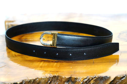 CHARRIOL Cable Buckle Leather Belt Black Gold Silver Hardware Made in France