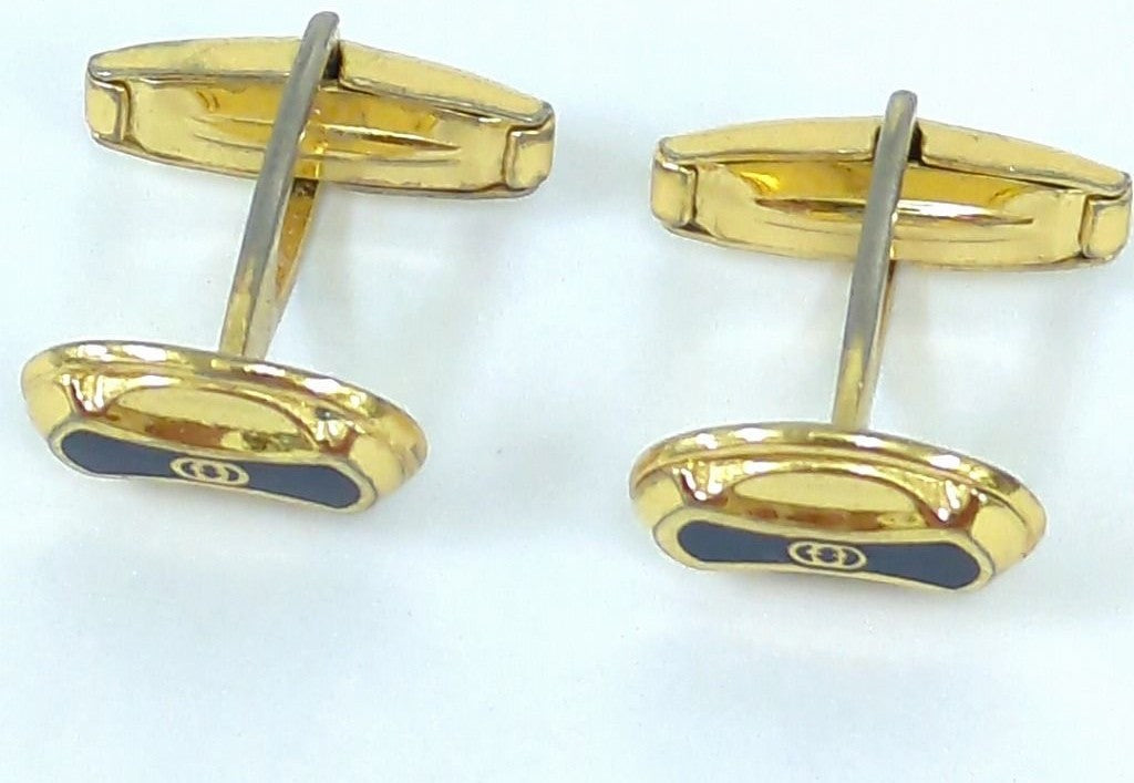 GUCCI Vintage Cufflinks Navy Blue Enamel Gold Tone Interlocking G Mens Italy