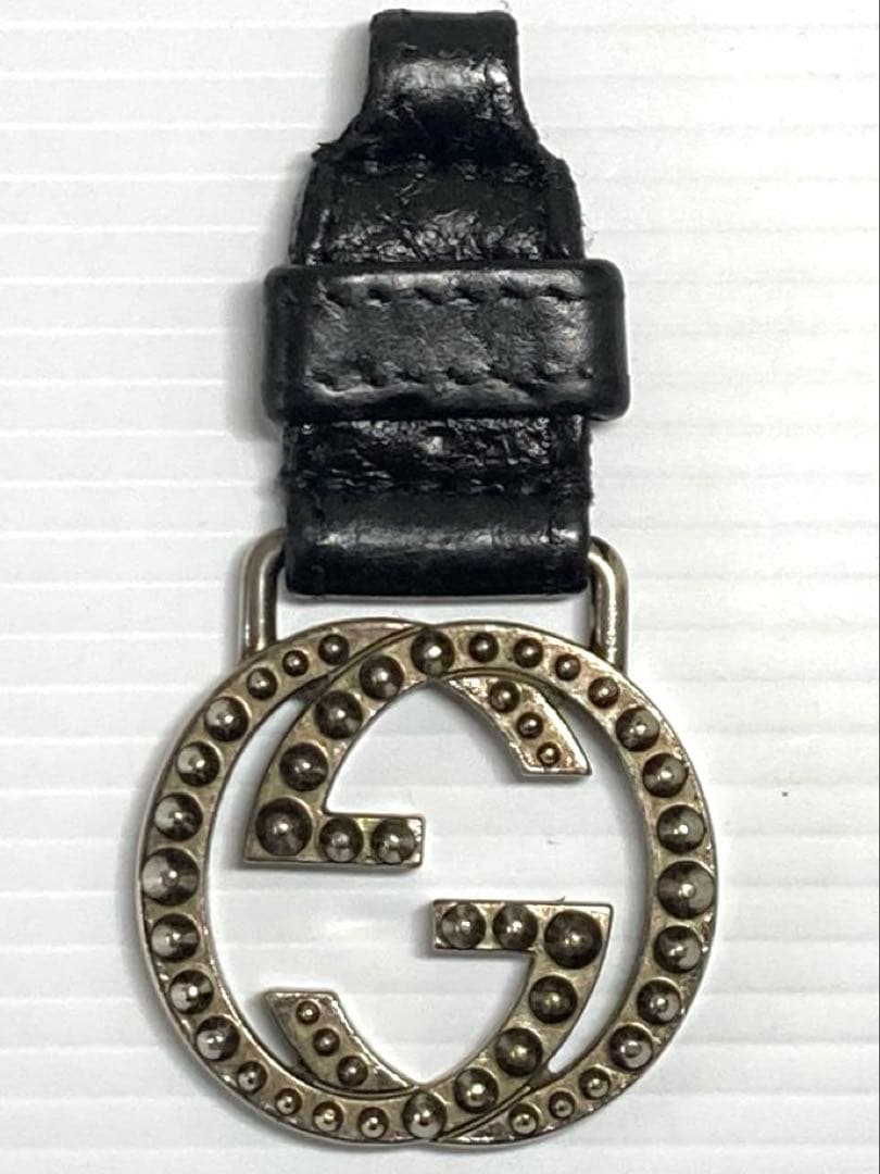 Gucci Auth Interlocking GG Logo Black Leather Keychain Key Ring Silver Used