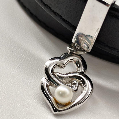 Mikimoto Leather Bracelet Bangle Silver Pearl Heart Charm 41cm Adjustable