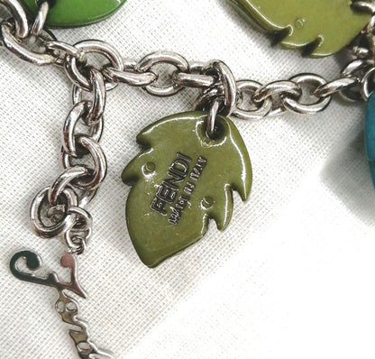 FENDI Leaf Acorn Charm Bracelet Multicolor Resin Silver Tone 16cm 6.3in