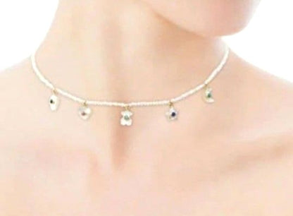 TOUS 18K Yellow Gold Mother of Pearl Charm Necklace Star Moon Bear 14.9in Unused