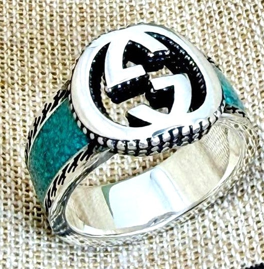 GUCCI Interlocking GG Ring Silver 925 Turquoise Enamel Size US 7 / EU 54 Used