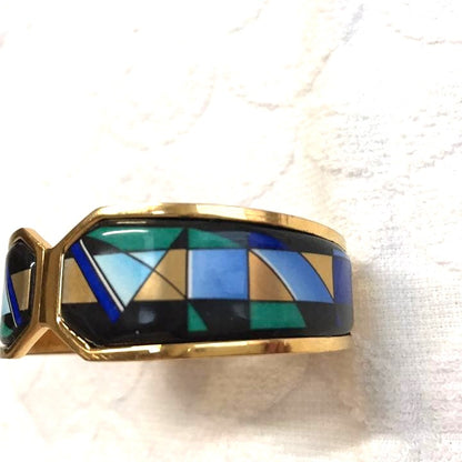 Michaela Frey Wien Austria Enamel Mosaic Cuff Bracelet Gold Tone Geometric VTG