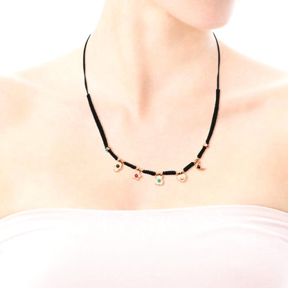 TOUS Super Power Charm Necklace Black Cord Rose Vermeil Silver Gemstone Spain