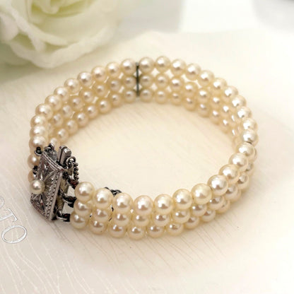 Mikimoto Silver Pearl Bracelet 3-Strand Cream 5.0mm Pearls 16cm(6.3in)