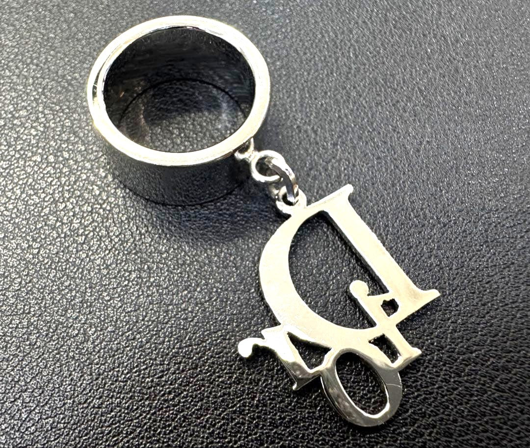 Christian Dior Logo Charm Ring Silver-Tone Metal Wide Band US4 EU47 Vintage AUTH