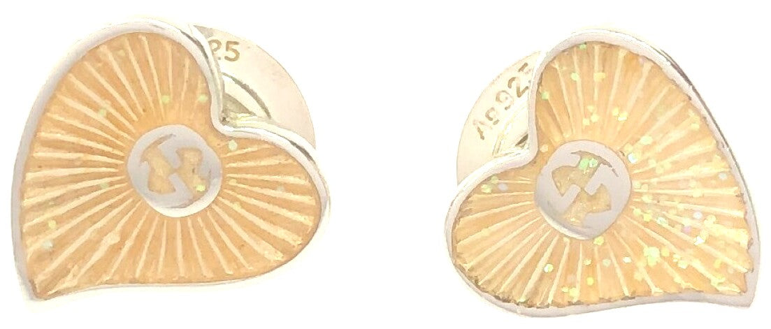 GUCCI Interlocking GG Heart Stud Earrings Silver White Enamel AG925 Italy Auth