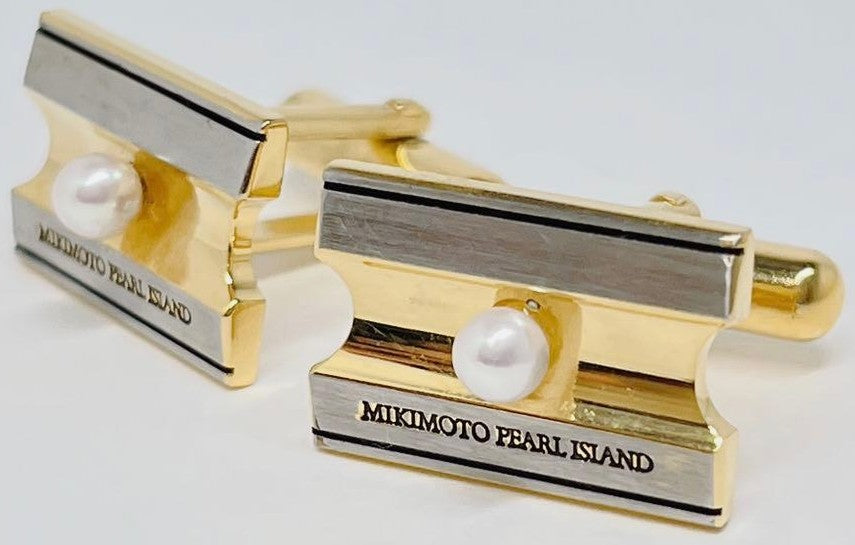 Mikimoto Pearl Island Tie Bar Clip & Cufflinks Set Silver Gold Tone Akoya Japan
