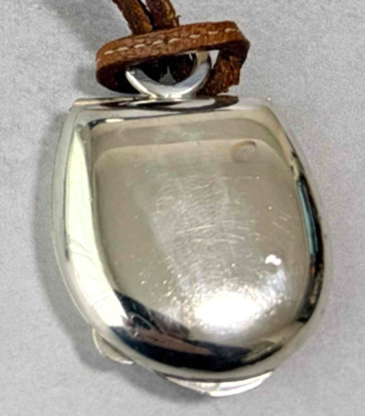HERMES Sterling Silver 925 Pill Case Pendant Necklace Brown Leather Cord Vintage