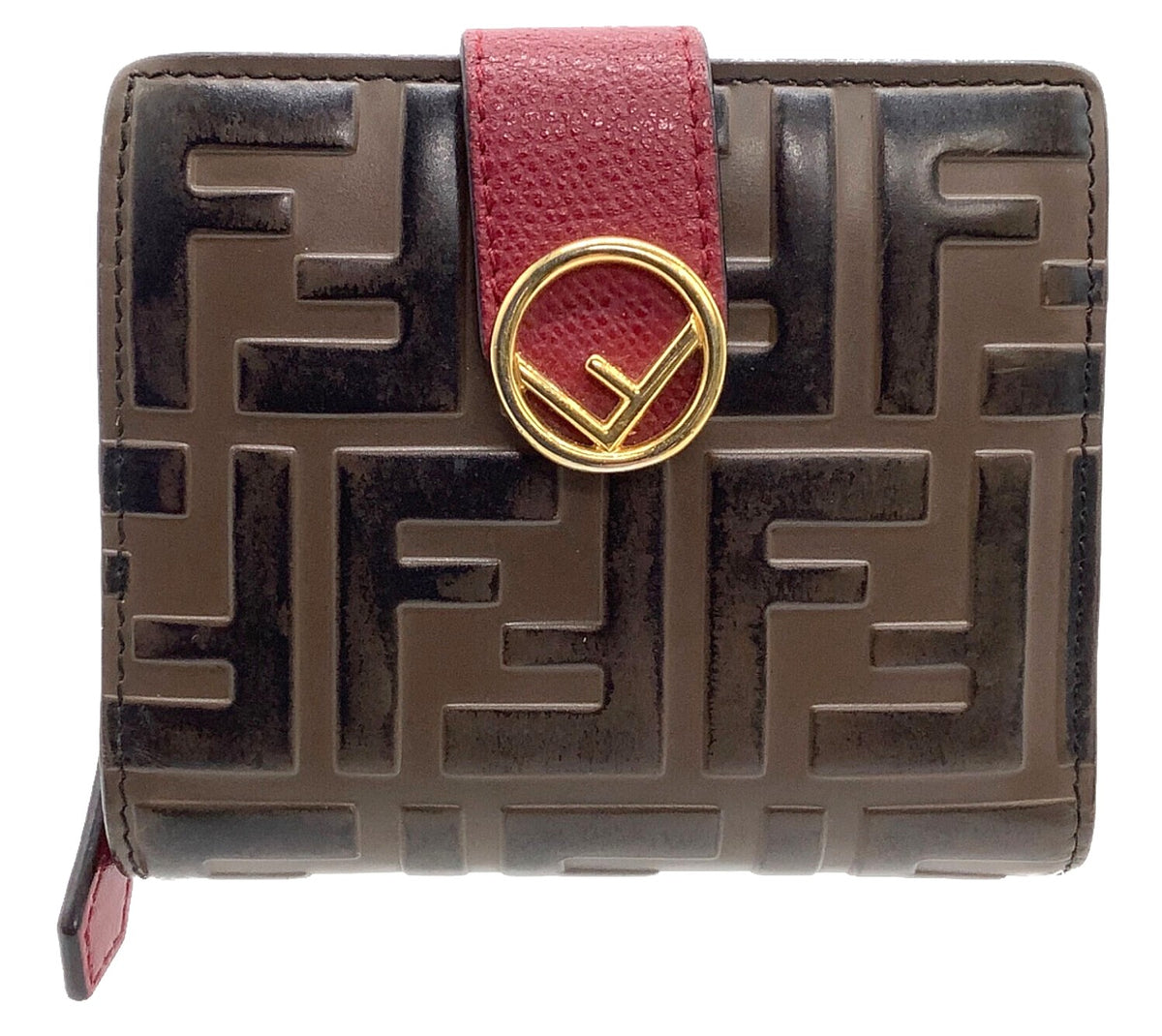 FENDI F is Fendi Zucca Bifold Wallet Brown Red Embossed Leather Gold Hardware