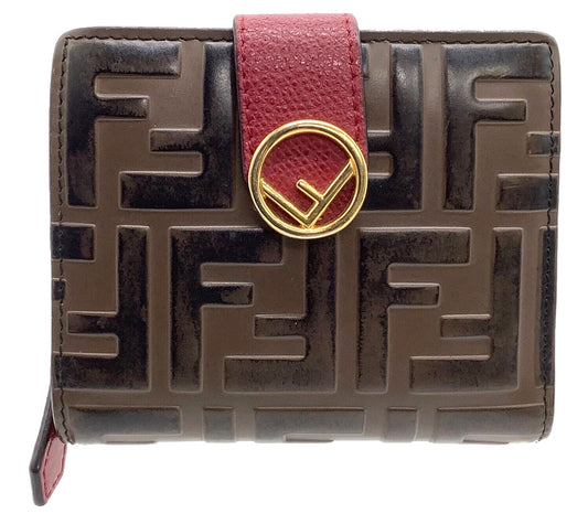 FENDI F is Fendi Zucca Bifold Wallet Brown Red Embossed Leather Gold Hardware