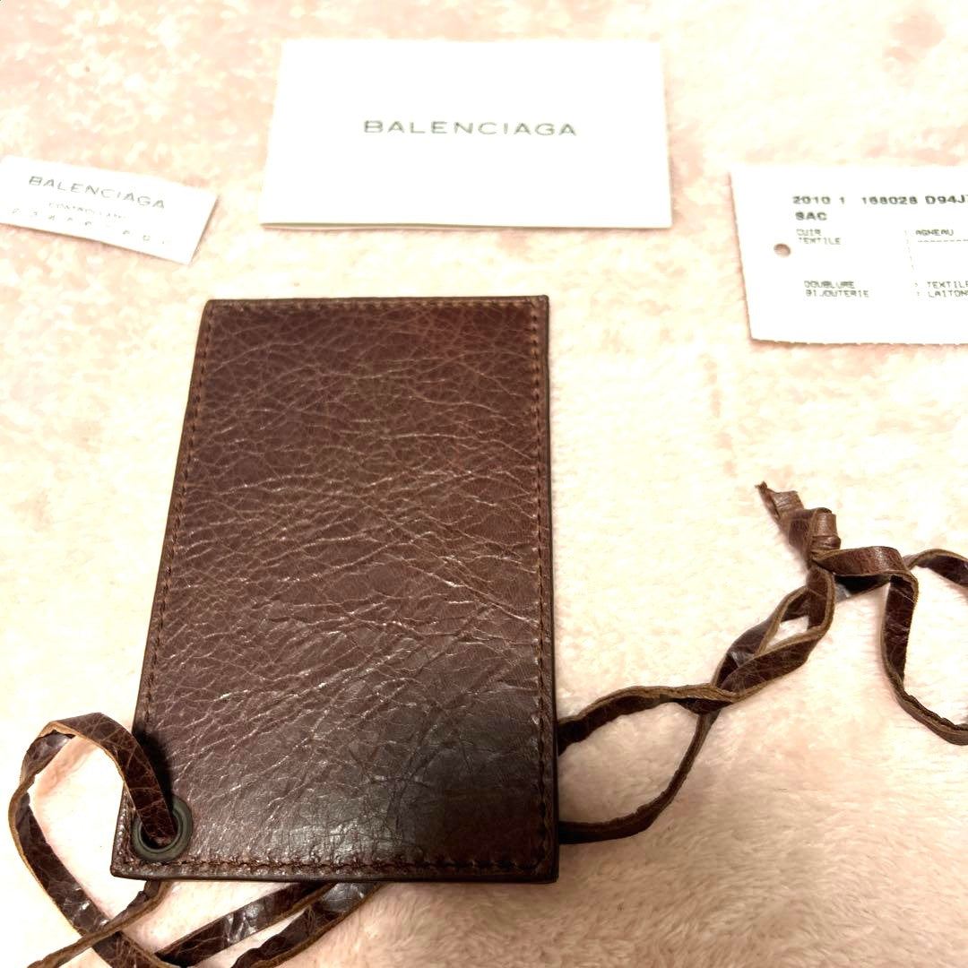 BALENCIAGA City First ID Card Holder Neck Strap Brown Lamb Leather Authentic