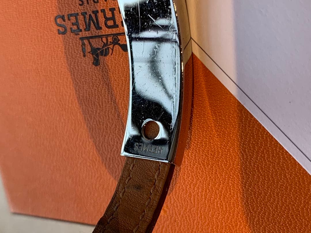 Hermes Pousse Pousse Silver Tone Metal Brique Leather Bracelet Adjustable