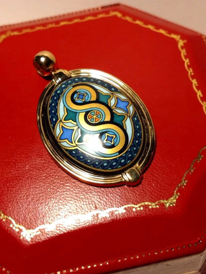 MICHAELA FREY WIEN Vintage Enamel Pendant Top Gold Tone Oval 4.2cm Austria