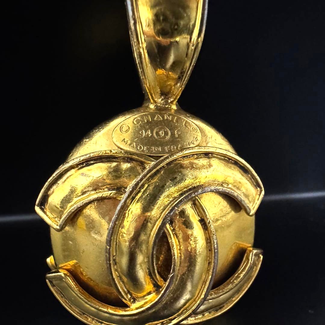 CHANEL CC Logo Ball Pendant Top Gold GP Vintage Necklace Charm 5.5cm Made France