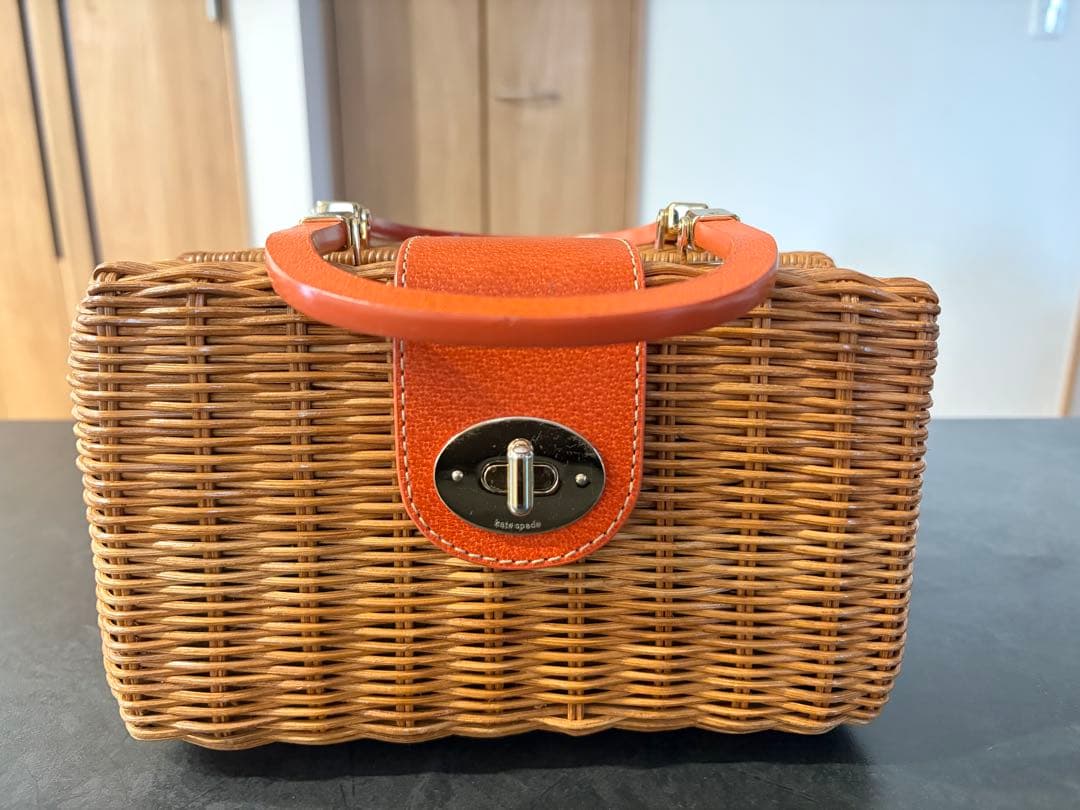Kate Spade Wicker Basket Bag Rattan Box Orange Leather Handle Turn Lock Straw