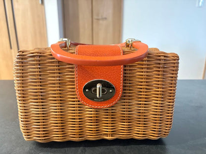 Kate Spade Wicker Basket Bag Rattan Box Orange Leather Handle Turn Lock Straw