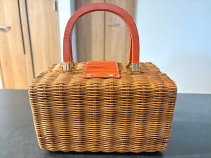 Kate Spade Wicker Basket Bag Rattan Box Orange Leather Handle Turn Lock Straw