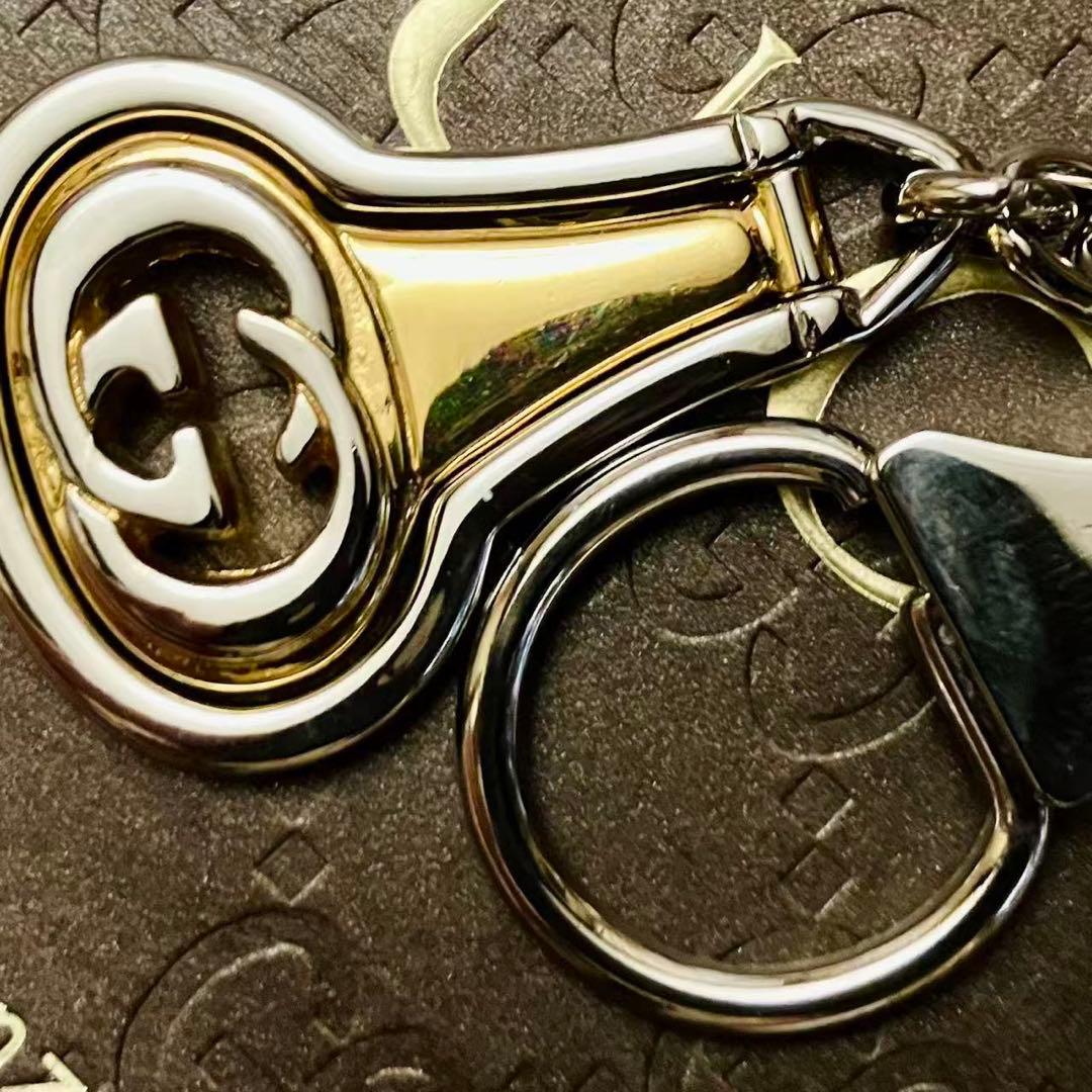 Gucci Auth Old GG Interlocking Logo Keychain Bag Charm Silver Gold 11.5 cm Used
