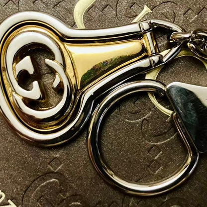 Gucci Auth Old GG Interlocking Logo Keychain Bag Charm Silver Gold 11.5 cm Used