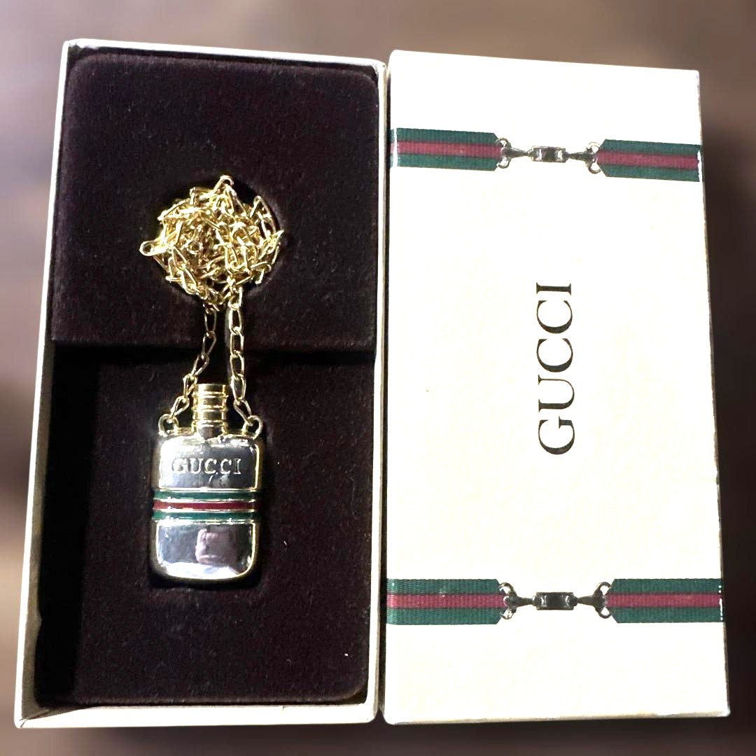 GUCCI Perfume Bottle Pendant Necklace Sherry Line Gold Silver Vintage Authentic