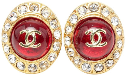 CHANEL CC Logo Gripoix Clip-on Earrings Gold Red Glass Rhinestone 27mm Authentic