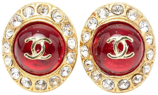 CHANEL CC Logo Gripoix Clip-on Earrings Gold Red Glass Rhinestone 27mm Authentic