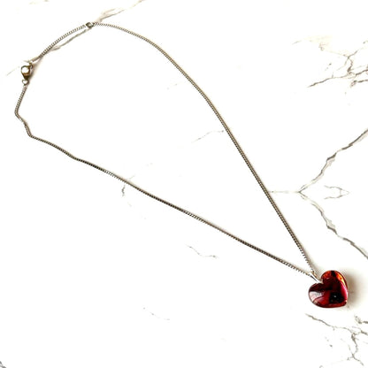 Baccarat Heart Crystal Pendant Necklace Red Glass SV925 Silver Chain Ladies
