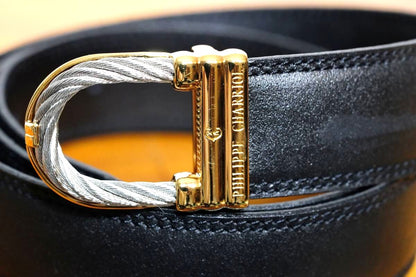 CHARRIOL Cable Buckle Leather Belt Black Gold Silver Hardware Made in France