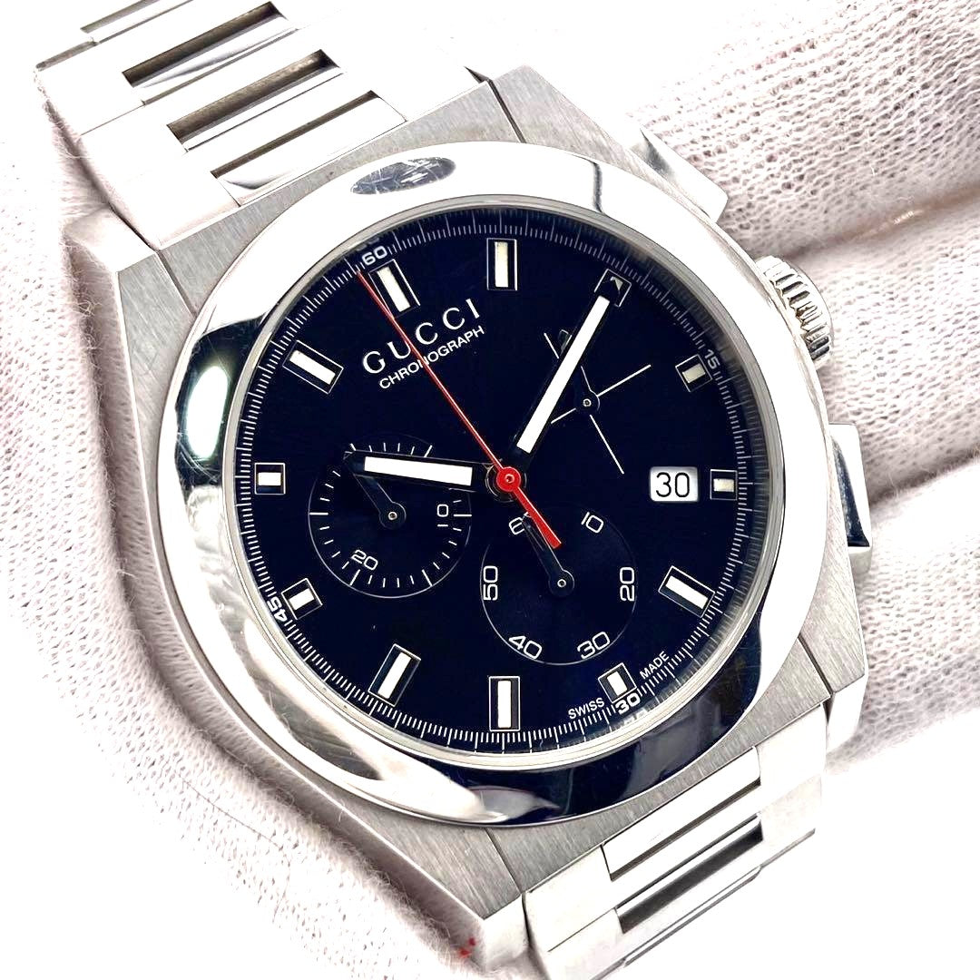 GUCCI Pantheon Chronograph 115.2 Watch Black Dial Steel Silver Men Used