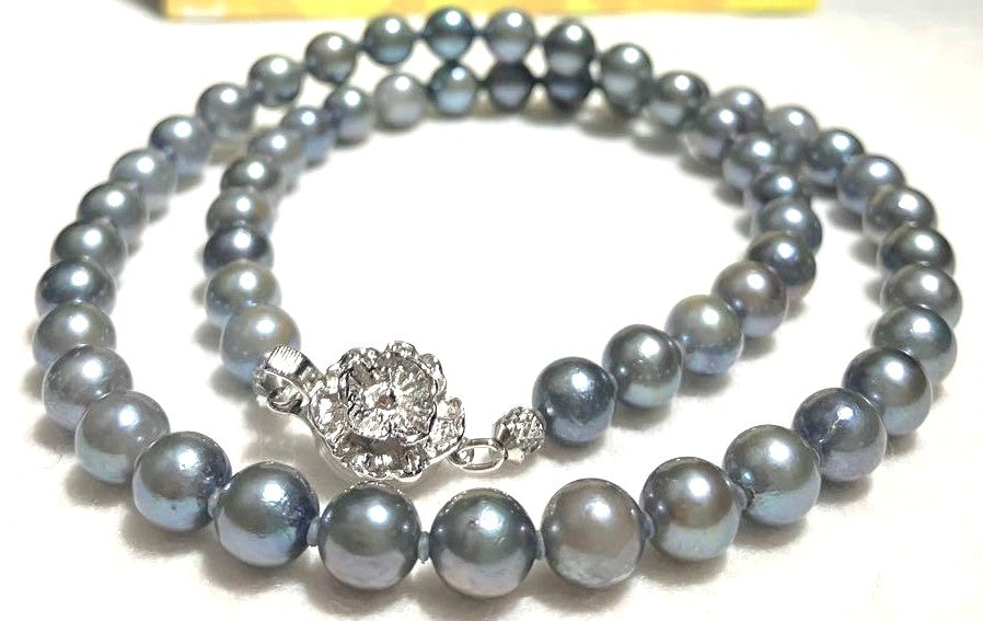 Akoya Pearl Necklace Gray 6.5-7mm 43cm 16.9in Silver Flower Clasp Authentic