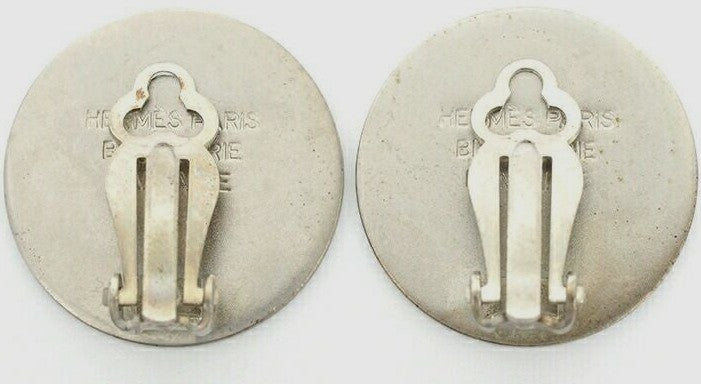 Hermes Serie Clip-On Earrings Silver Color Metal Round Coin Authentic Paris Used