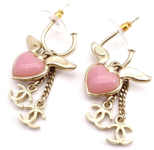 CHANEL CC Logo Heart Wing Hoop Earrings Gold Pink Resin Rhinestone Authentic
