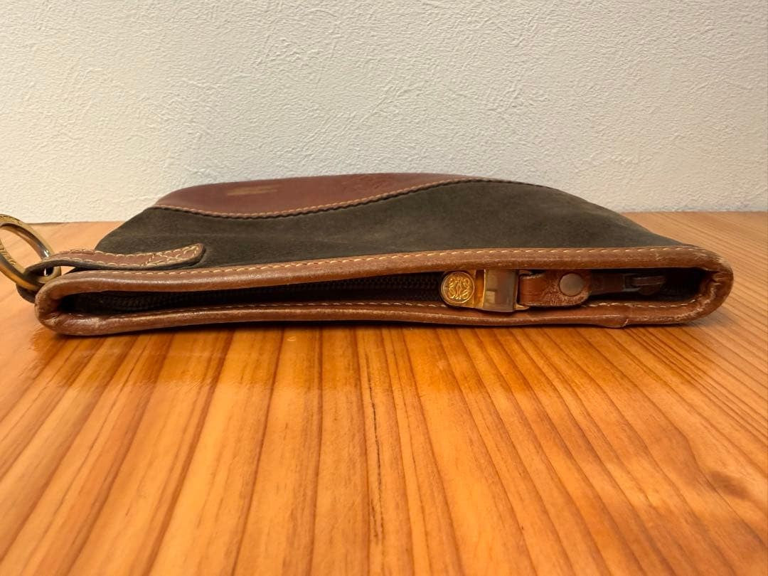 Loewe Dark Olive Suede Brown Leather Anagram Embossed Pouch Clutch