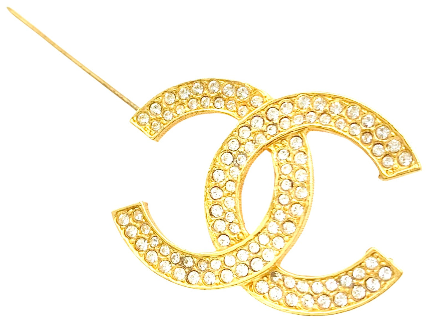 CHANEL CC Logo Brooch Pin Gold Tone Double Row Rhinestone Crystal Vintage Auth