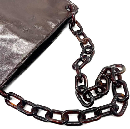 PRADA Milano Leather Shoulder Bag Brown Tortoise Plastic Chain Logo 30cm Auth