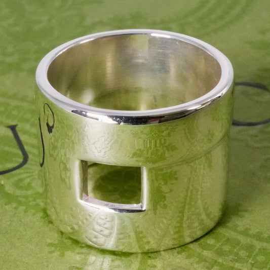 Excellent Gucci Silver 925 Cut Out Modernist Wide Band Ring Size 54.5 US 7