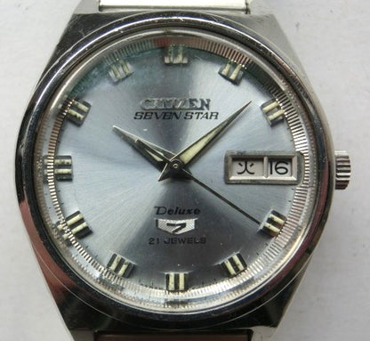 Citizen Seven Star Deluxe 21 Jewels Automatic Men Watch Silver Day-Date Vintage